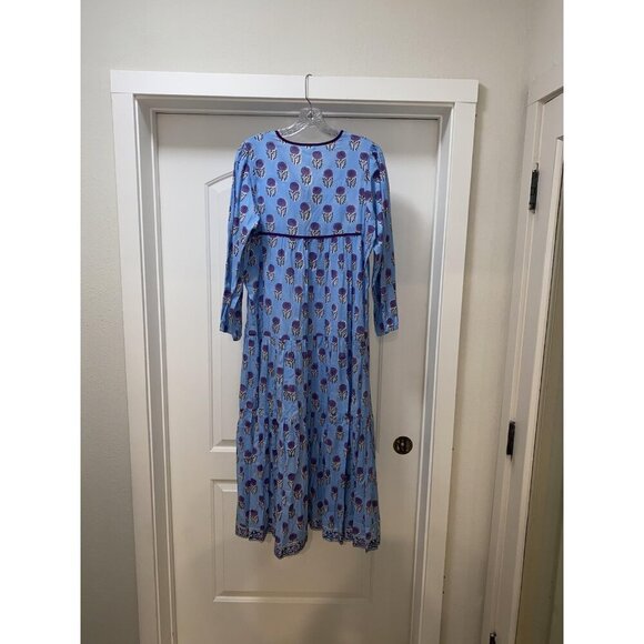Sur La Vague Dahlia Dress Womens One Size Blue Floral Boho Maxi India Cotton - Picture 4 of 4